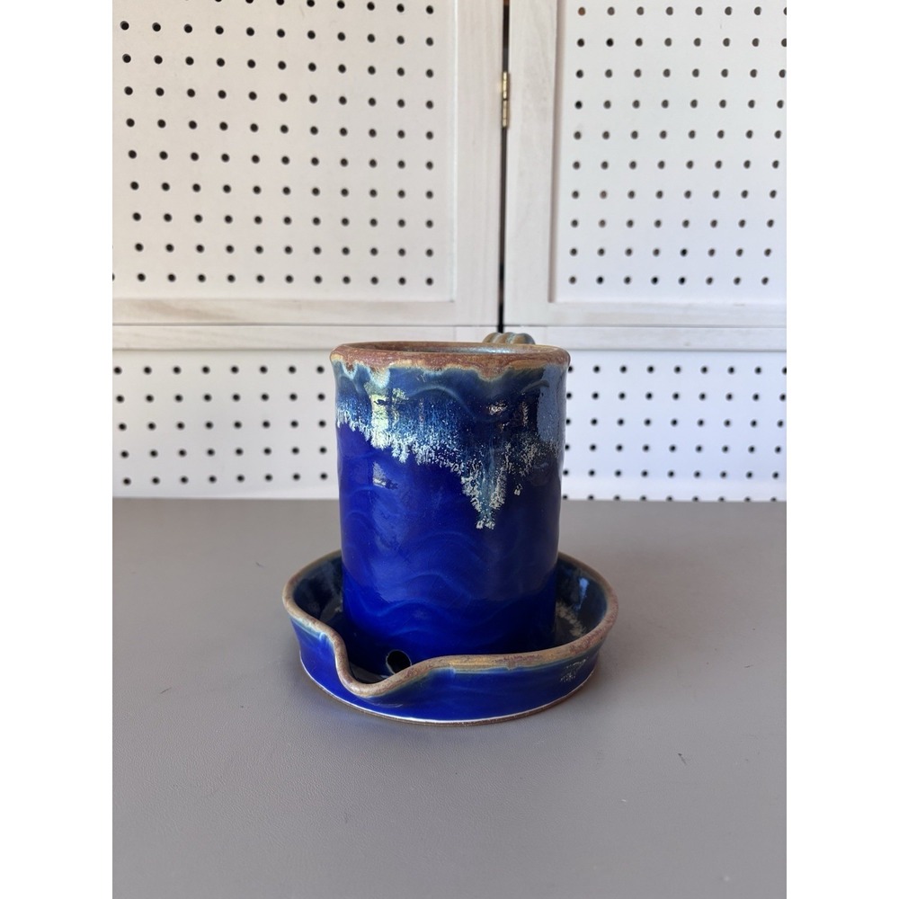 Pottery Large Microwave Bacon Cooker - Blue Glazed Signed Stonewear
